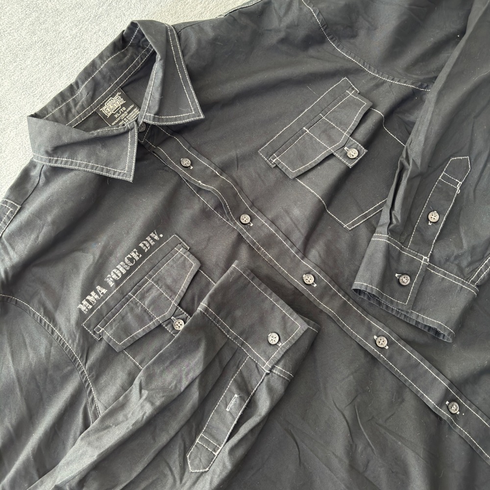 MMA Elite Mens XL Black Contrast Stitch Military Button Down Shirt Long Sleeve
